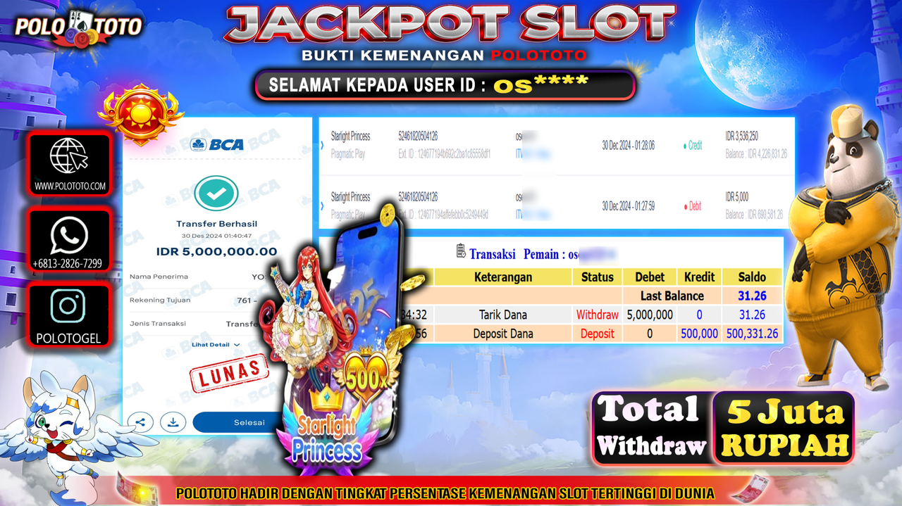 POLOTOTO JACKPOT SLOT STARLIGHT PRINCESS Rp.5,000.000,-