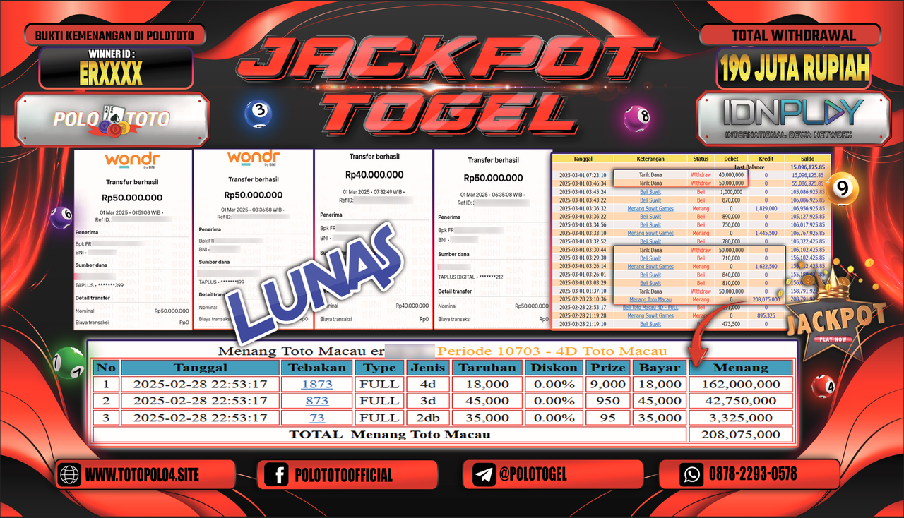 POLOTOTO JACKPOT TOGEL TOTO MACAU Rp.190.000.000,-