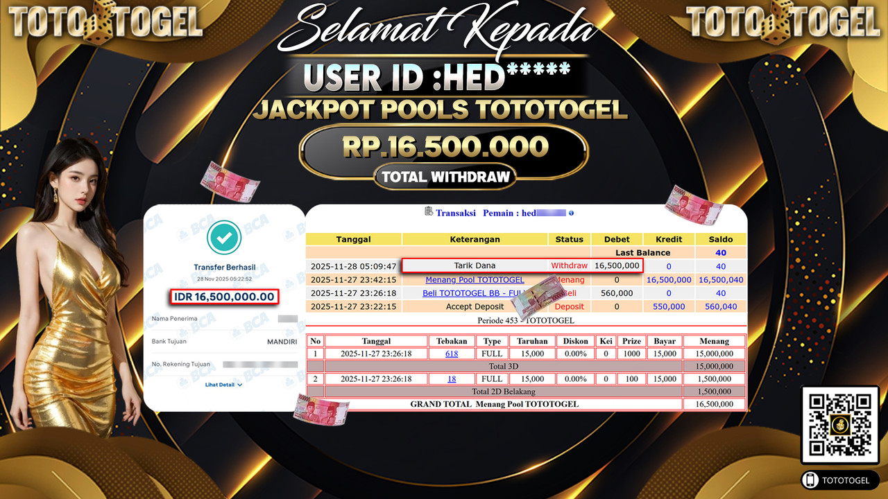 Bukti Pembayaran Jackpot Permainan Togel Pools Tototogel ID:HED***** LUNAS