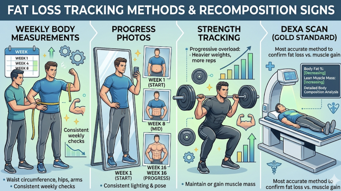 Fat loss progress tracking woman checking body transformation in mirror showing body recomposition signs and cutting progress indicators