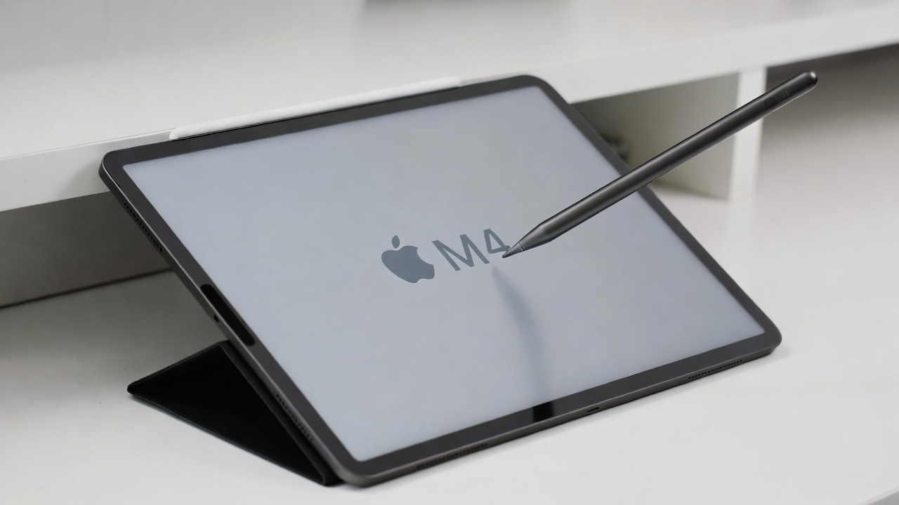 Apple iPad Pro M4 with Apple Pencil Pro used for digital illustration on a white desk