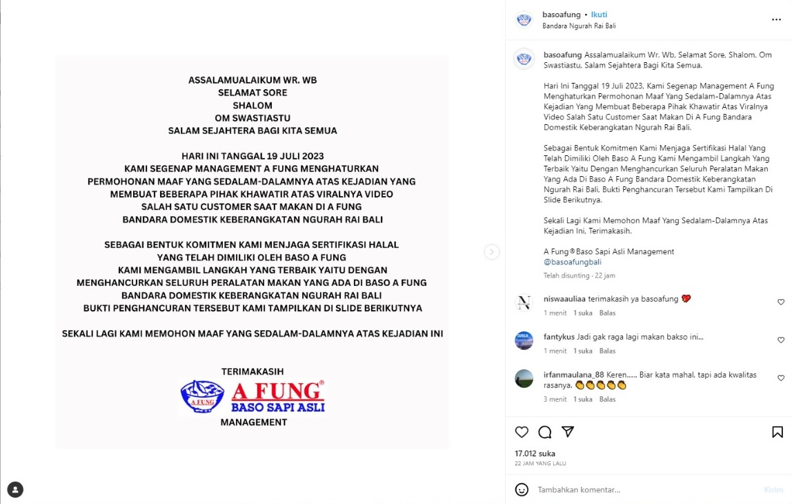 Ucapan permintaan dari Baso A Fung usai viral karena aksi selebgram yang makan dicampur dengan kerupuk babi.