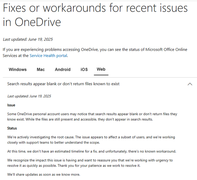OneDrive search broken