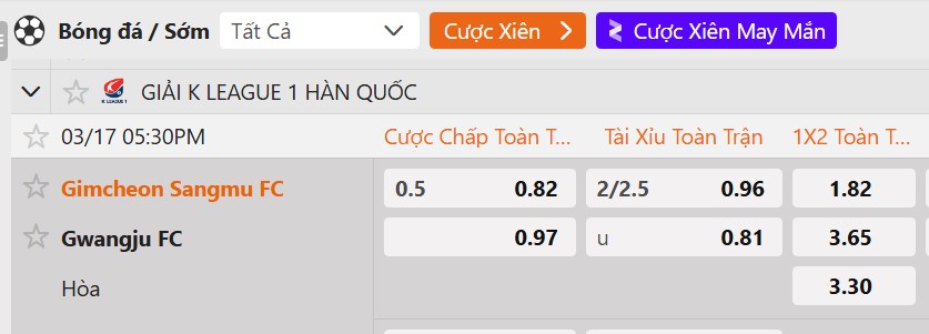 Tỷ lệ kèo Gimcheon Sangmu FC vs Gwangju Football Club