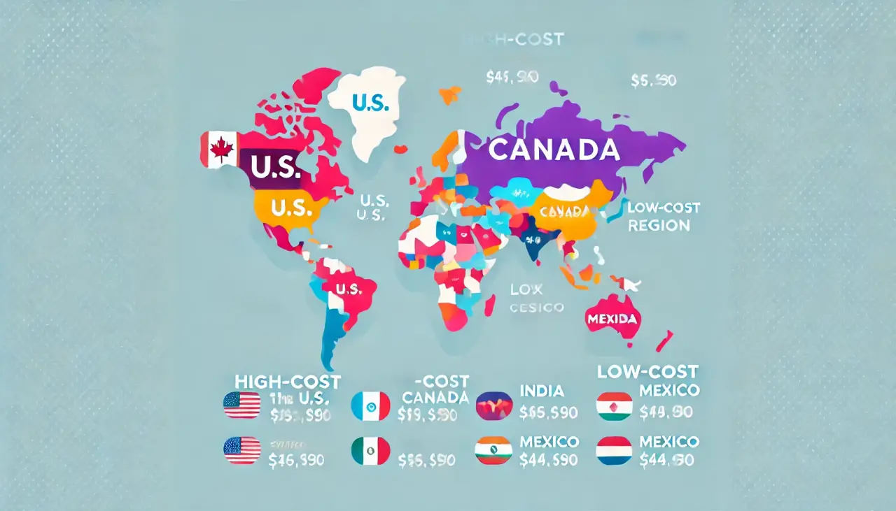 World map showing surrogacy costs by country, with high-cost regions in North America and low-cost regions in Asia and Latin America.
