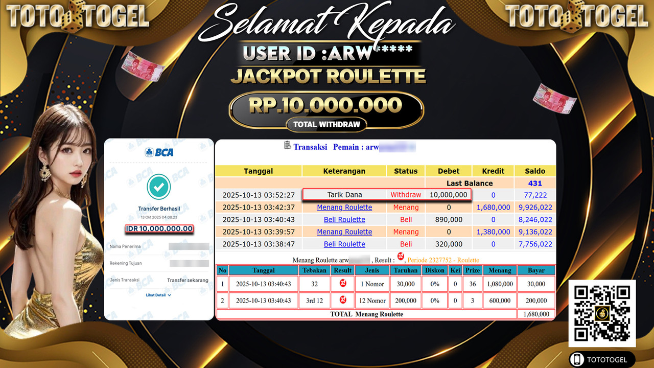 Bukti Pembayaran Jackpot Permainan Live Games Roulette ID:ARW**** LUNAS