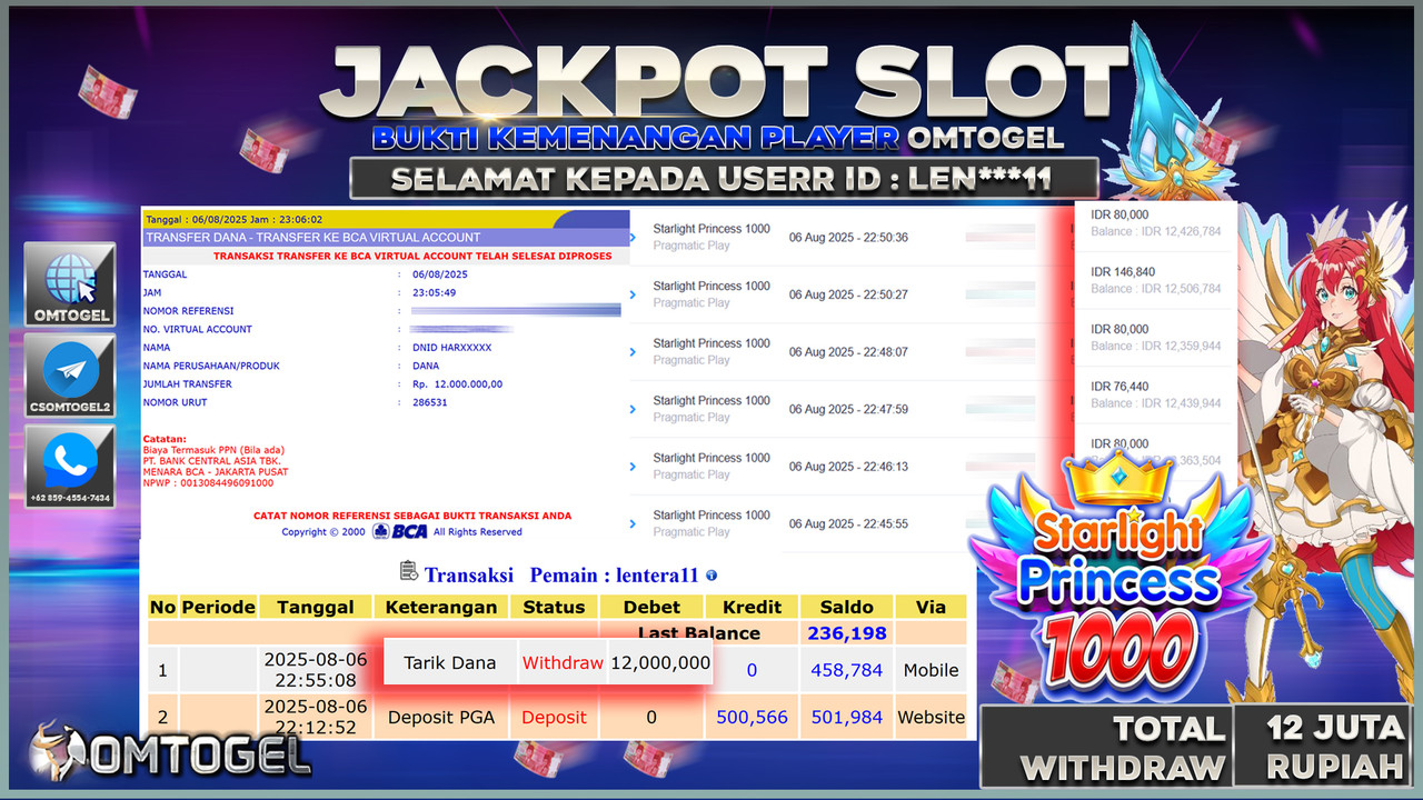 OMTOGEL JACKPOT PRAGMATIC PLAY STARLIGHT PRINCESS 1000 12 JUTA DI BAYAR LUNAS ,-