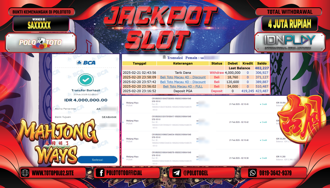 POLOTOTO JACKPOT SLOT MAHJONG WAYS Rp.4.000.000,-