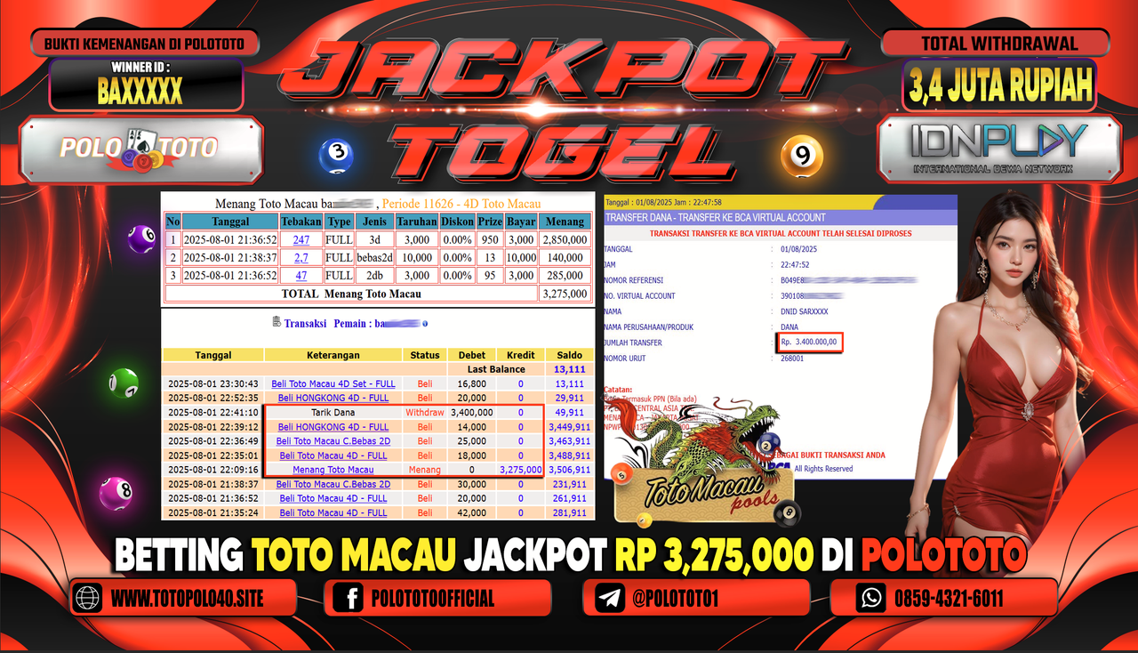 POLOTOTO JACKPOT TOGEL TOTO MACAU Rp.3.400.000,- LUNAS