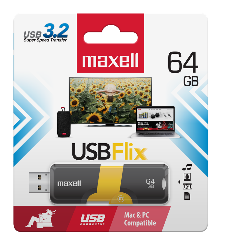 Memoria USB de 64GB de Maxell, modelo Flix, con diseño retráctil.