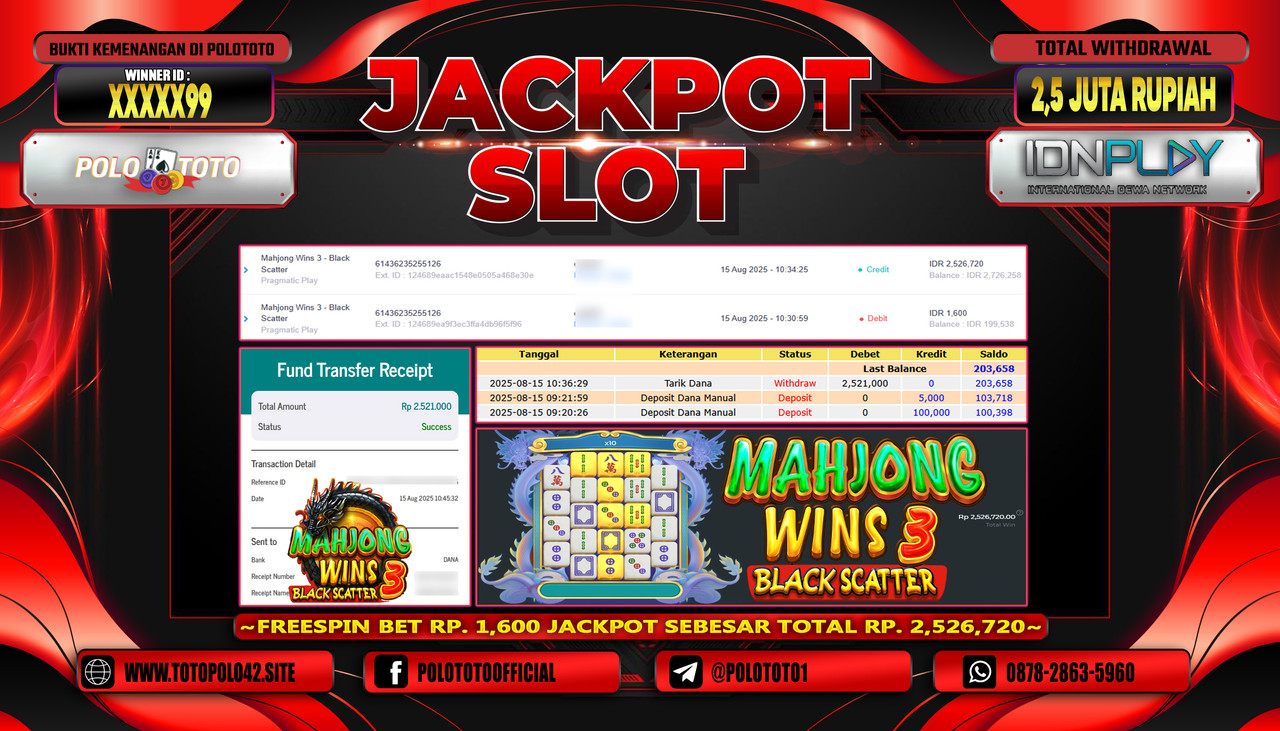 POLOTOTO JACKPOT SLOT MAHJONG WINS 3 - BLACK SCATTER Rp.2.500.000,-LUNAS