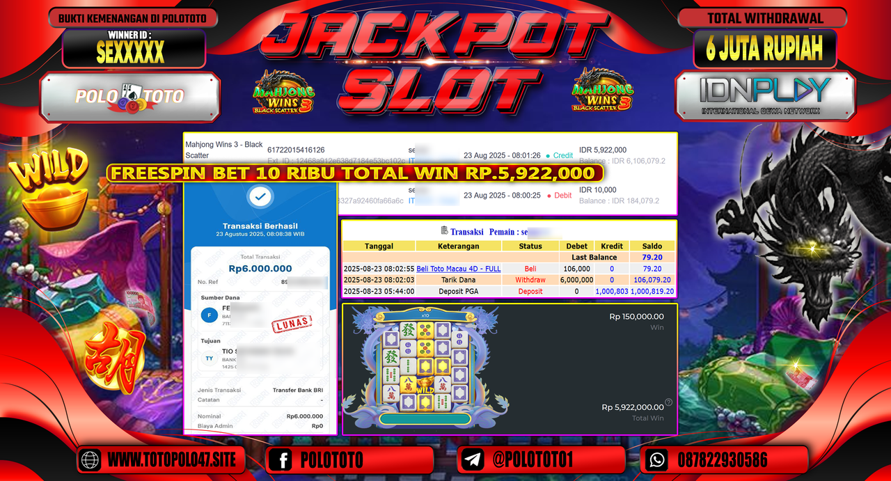POLOTOTO JACKPOT SLOT MAHJONG WINS 3-BLACK SCATTER Rp.6.000.000,-