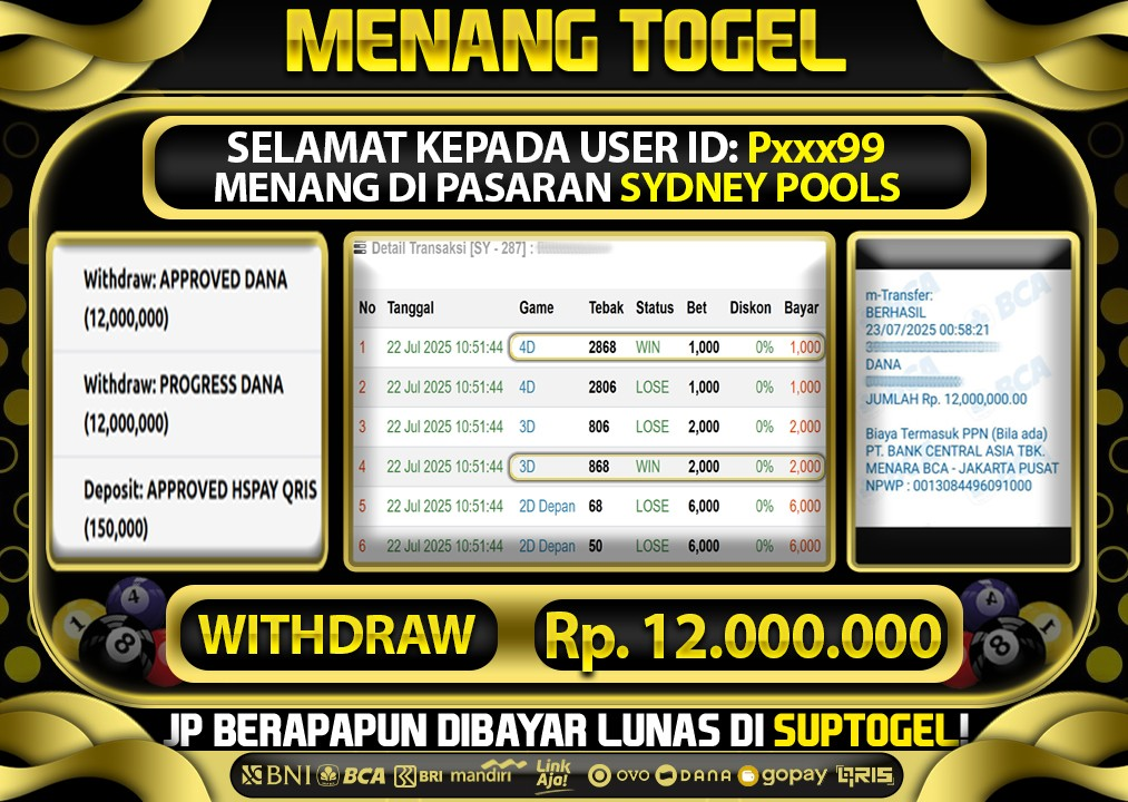  BUKTI KEMENANGAN 22 JULY 2025 MENANG DI PASARAN SYDNEY POOLS TOTAL WD 12 JUTA