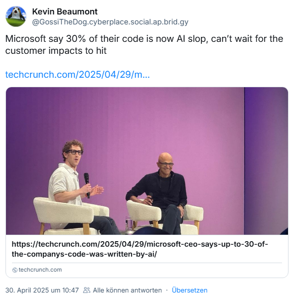 Microsofts CEO Nadella sagt "30% des Codes sind KI-generiert"