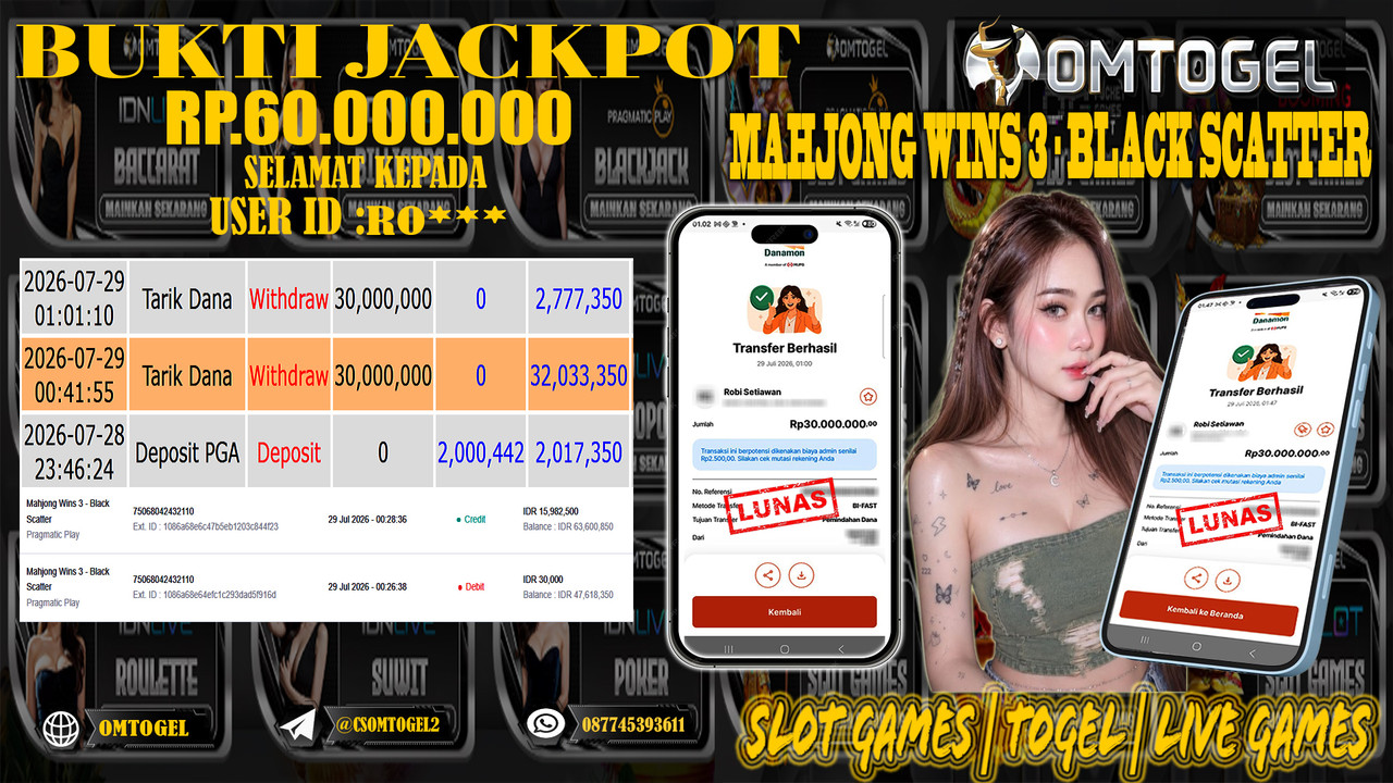 OMTOGEL JACKPOT PRAGMATICPLAY MAHJONG WINS 3 BLACK SCATTER  Rp,60,000,000,- DIBAYAR LUNAS