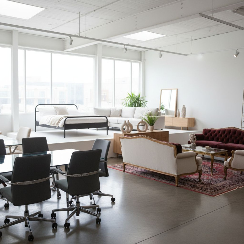 Разнообразные виды мебели, доступной для аренды, включая современные офисные кресла и стильные диваны для мероприятий.