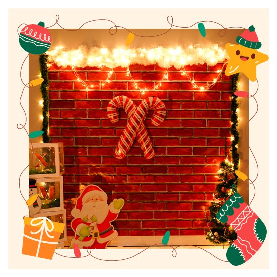 Chrsitmas theme decoration at home with a brick effect xmas backdrop along with a frill moss, pixel lights, and a santa cutout