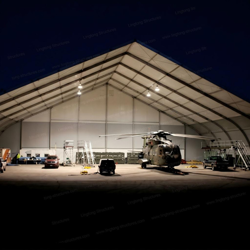 Aircraft hangar tent interior showing column free space for easy aircraft maneuvering and maintenance operations