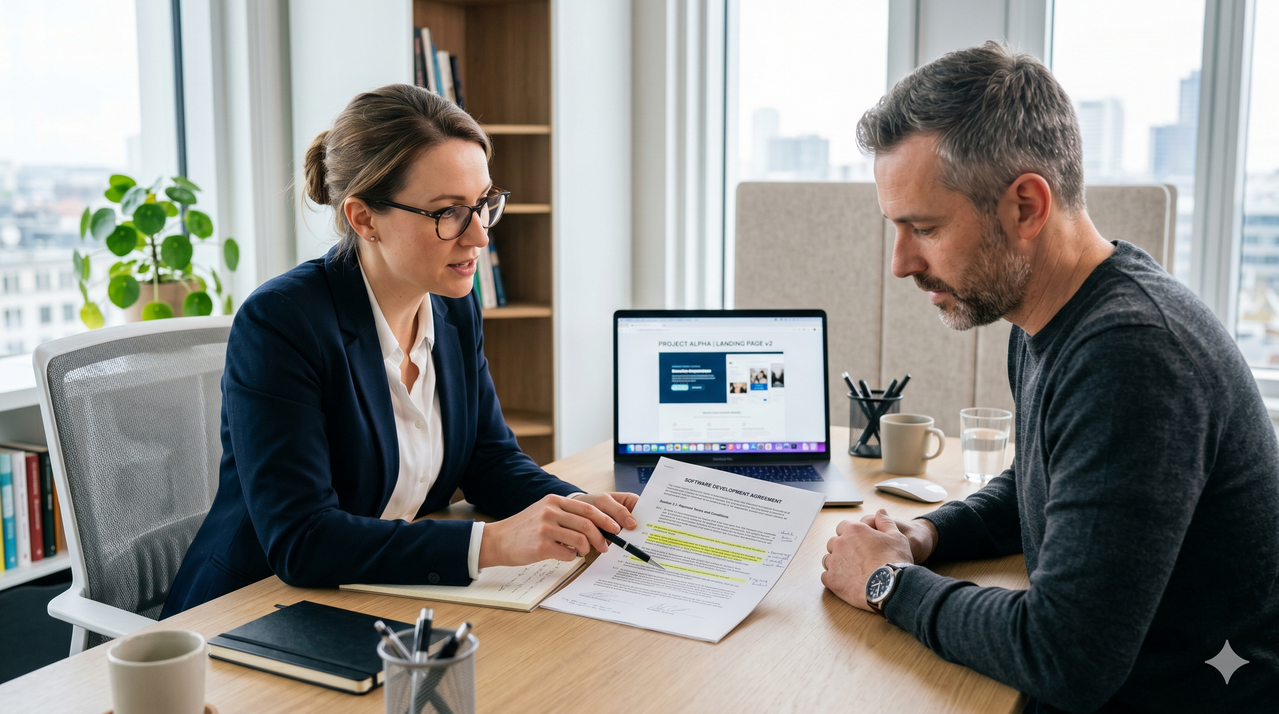 Two people reviewing a Web Dev Contract document at a desk