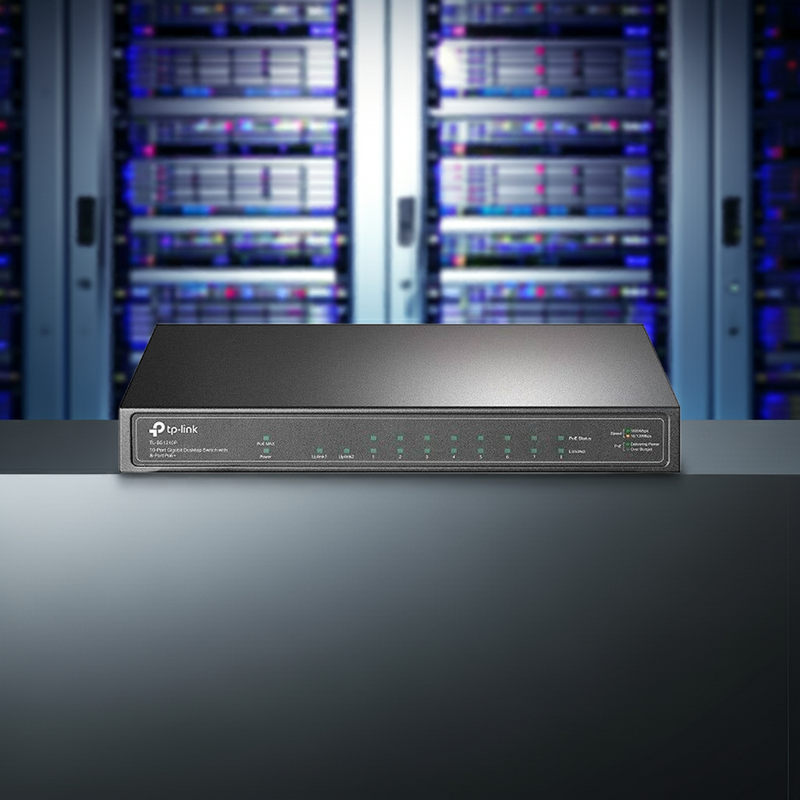 Switch TP-Link TL-SG1210P em um cenário de uso doméstico/escritório, conectando diversos dispositivos.