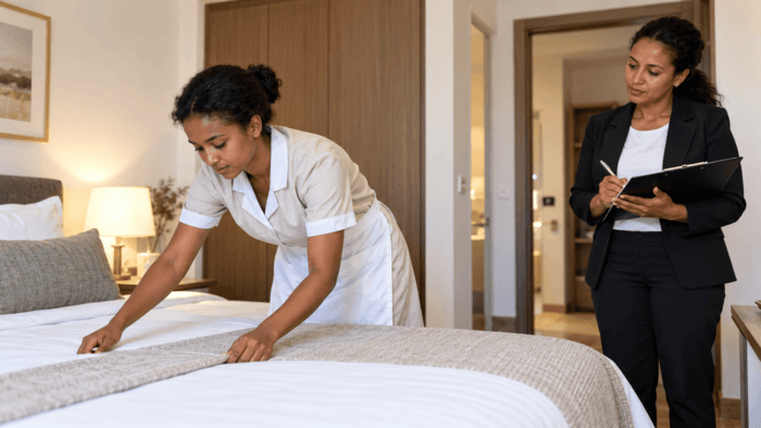 Ethiopian housemaid candidate demonstrating bed-making and bedroom organization skills while a recruitment assessor evaluates her performance.