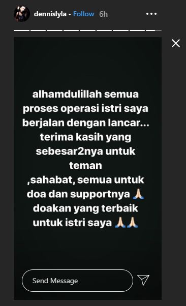 Unggahan Dennis Lyla mengenai kondisi Thalita Latief. 