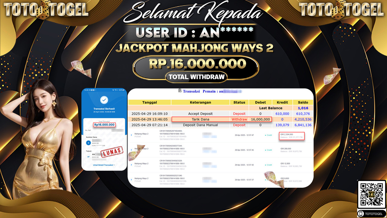 Bukti Pembayaran Jackpot  Permainan Slot Mahjong Ways 2 ID:AN***** LUNAS