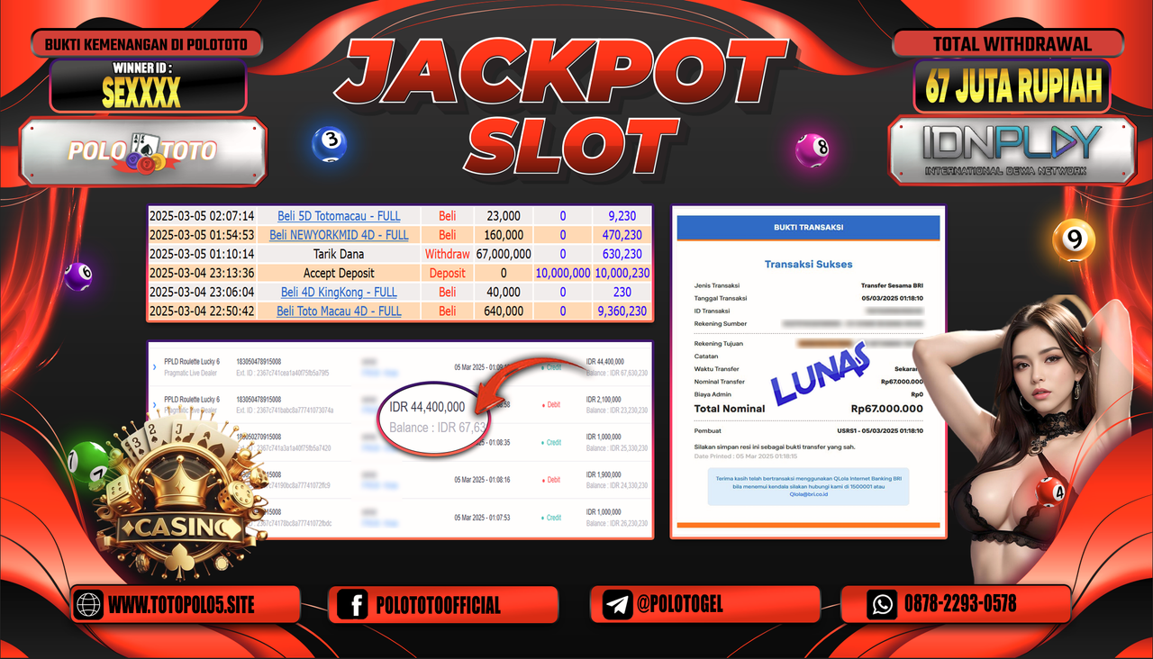 POLOTOTO JACKPOT SLOT PPLD ROULETTE LUCKY 6 Rp.67.000.000,-