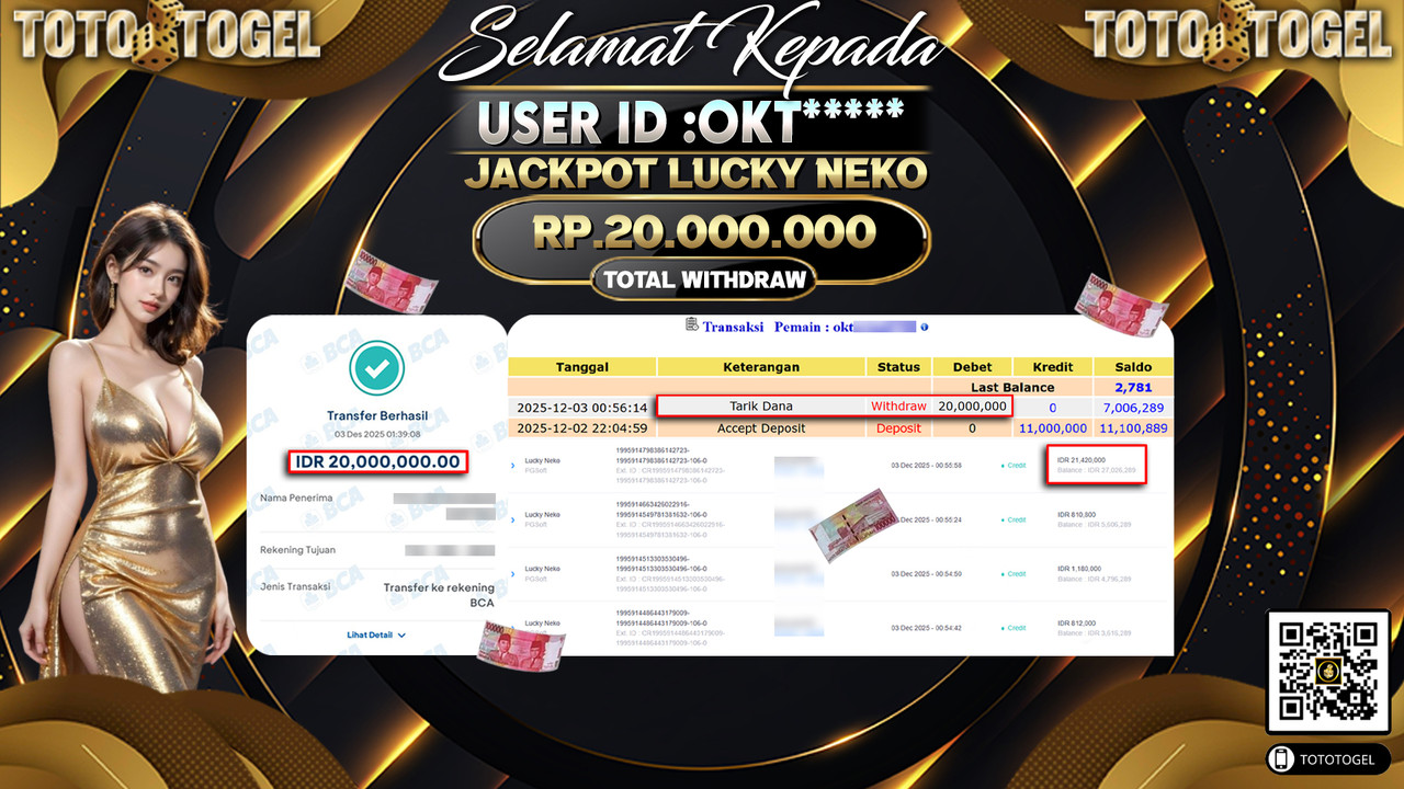 Bukti Pembayaran Jackpot Permainan Slot Lucky Neko ID:OKT***** LUNAS