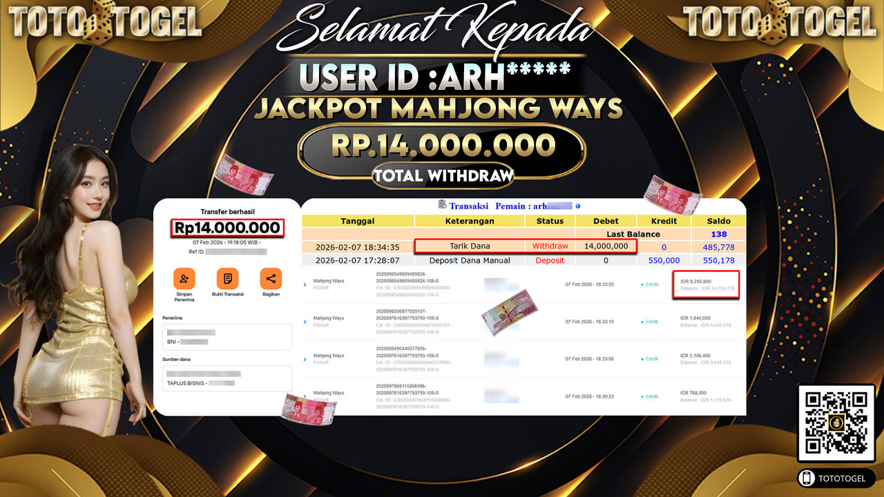 Bukti Pembayaran Jackpot Permainan Slot Mahjong Ways ID:ARH*****LUNAS