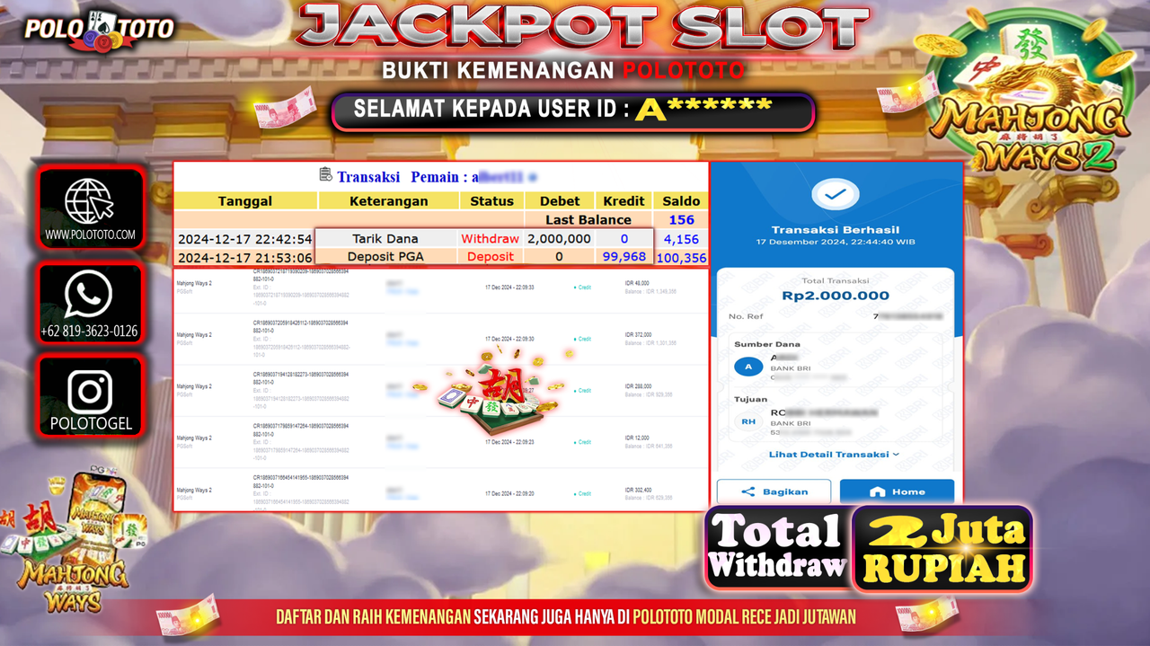 POLOTOTO JACKPOT SLOT MAHJONG WAYS 2 Rp.2,000.000,-