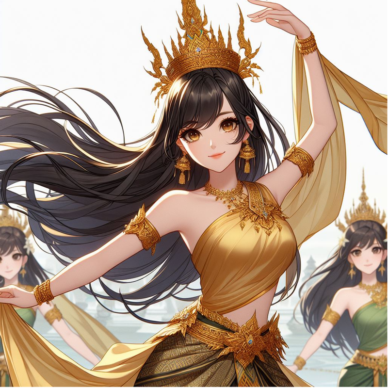 A graceful and beautiful tall dancer girl in golden Thai traditional dress and a high crown, 1 (1)