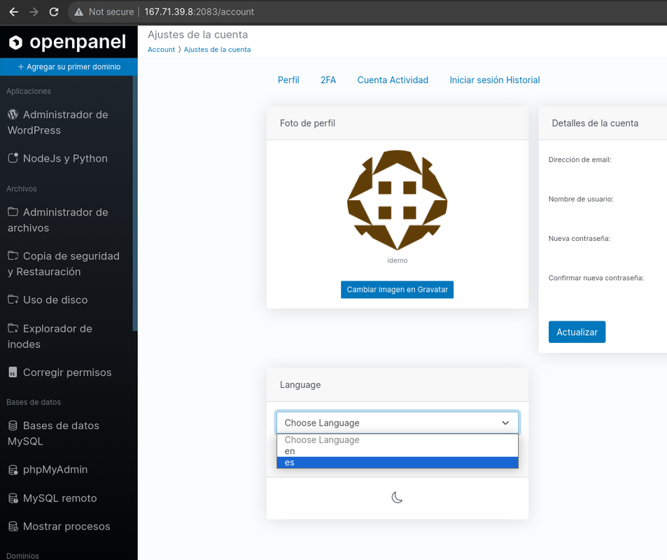 es locale openpanel
