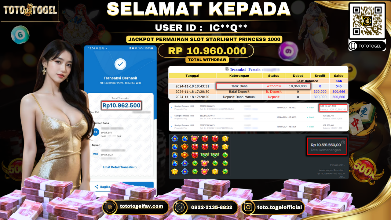 Bukti Pembayaran Jackpot Permainan Slot Starlight Princess 1000 ID: IC**Q** LUNAS 