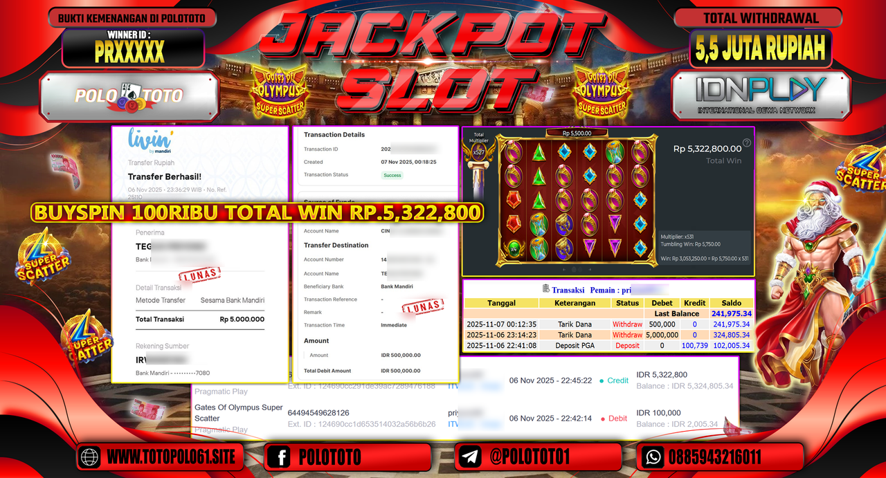 POLOTOTO JACKPOT SLOT GATES OF OLYMPUS SUPER SCATTER Rp.5.500.000,- LUNAS