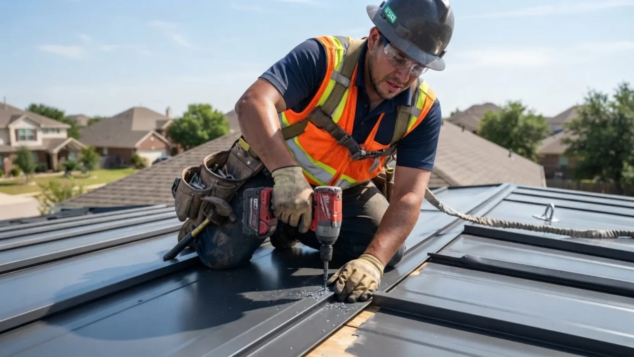 San Antonio roofing contractor installing metal roof panels on residential home