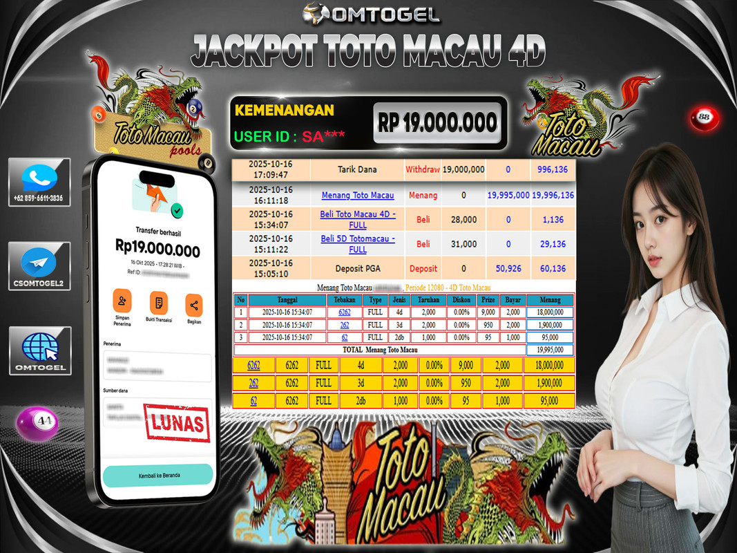 OMTOGEL JACKPOT TOTO MACAU 4D 3D 2D 19 JUTA DI BAYAR LUNAS ,-