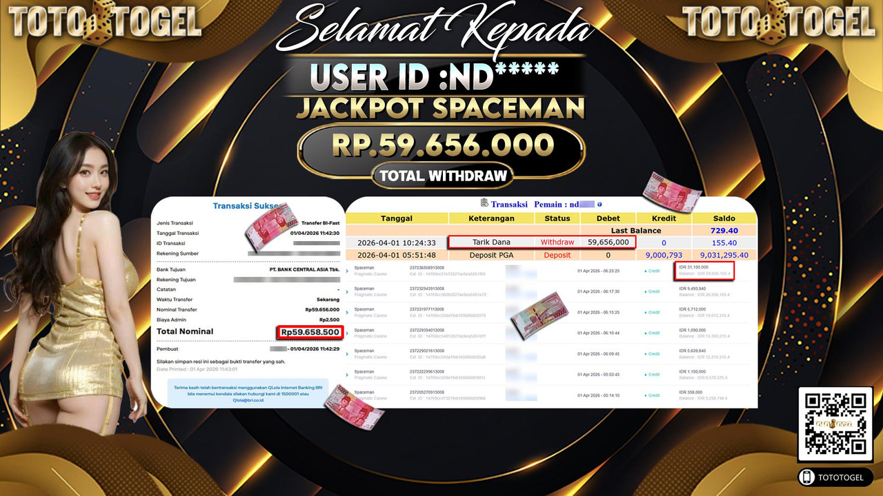 Bukti Pembayaran Jackpot Permainan Pragmatic Casino Spaceman ID:ND*****LUNAS