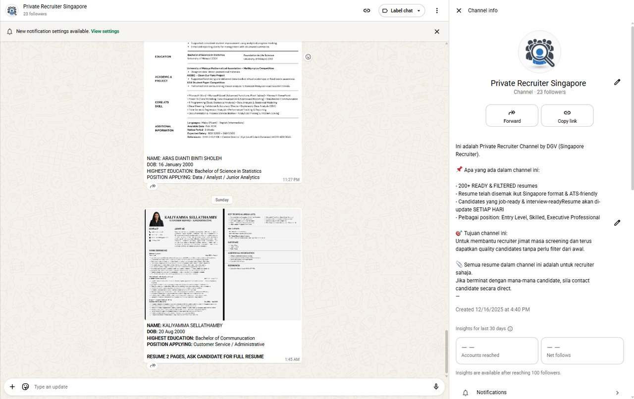 Recruiter-only channel dashboard for candidate filtering