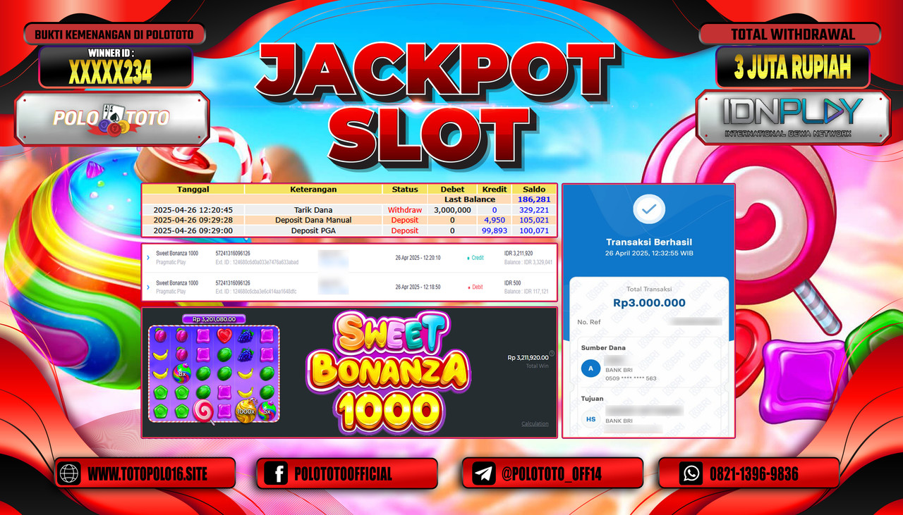 POLOTOTO JACKPOT SLOT SWEET BONANZA 1000 Rp.3.000.000,-
