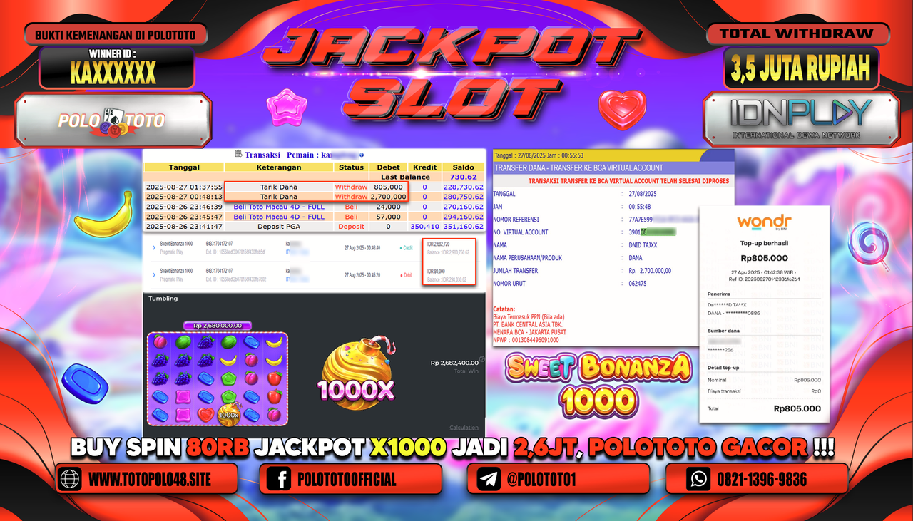 POLOTOTO JACKPOT SLOT SWEET BONANZA 1000 Rp.3.505.000,-