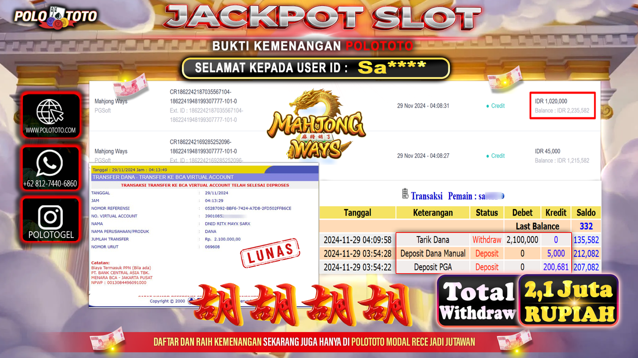 POLOTOTO JACKPOT SLOT MAHJONG WAYS Rp.2,100.000,-