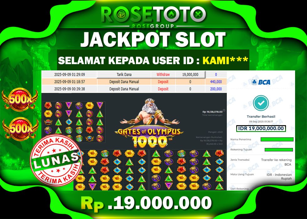 ROSETOTO JACKPOT SLOT GATES of OLYMPUS 1000 Rp.19.000.000.,- LUNAS