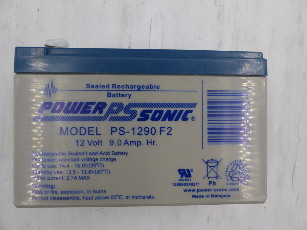 POWER SONIC PS-1290 F2 SEALED RECHARGEABLE LEAD-ACID BATTERY 12 VOLT 9 AMP. HR.