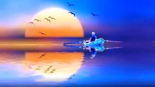 Thơ hoạ Nguyễn Thành Sáng & Tam Muội (1098) Sunset-Lake-Fishing-camec-ptici-flight-reflection-in-water-Art-H