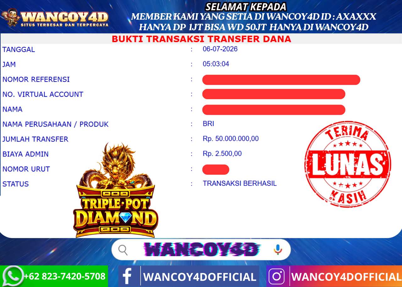 WANCOY4D JACKPOT TRIPLE POT DIAMOND PRAGMATIC 50.000.000-LUNAS