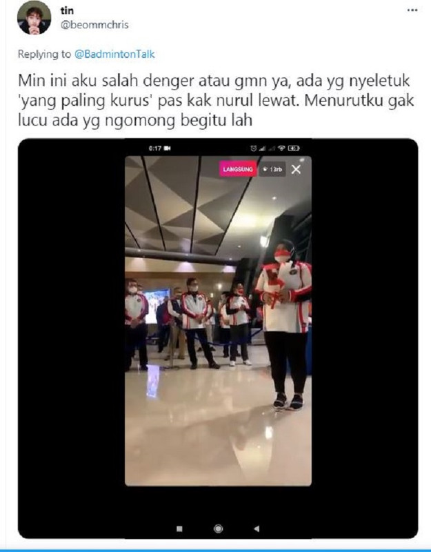 Pemilik akun Twitter @beommchris mengungkapkan bahwa ia mendengar celetukan diduga body shaming yang ditujukan kepada Nurul Akmal.