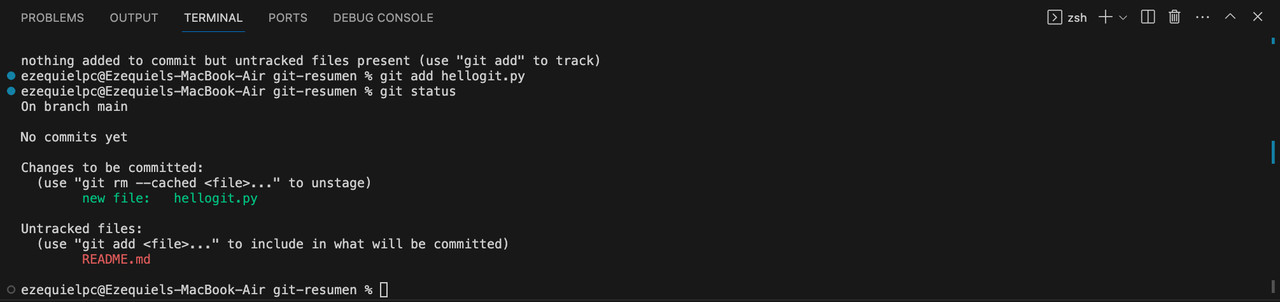 Ejecucion comando git status luego de realizar un git add Git add y Git commit