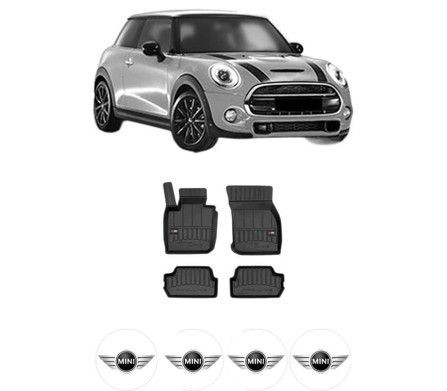 Set covorase presuri MINI MINI (F56) din 2013-2020, auto, din cauciuc thermoplastic, 4 Stickere auto cu MINI
