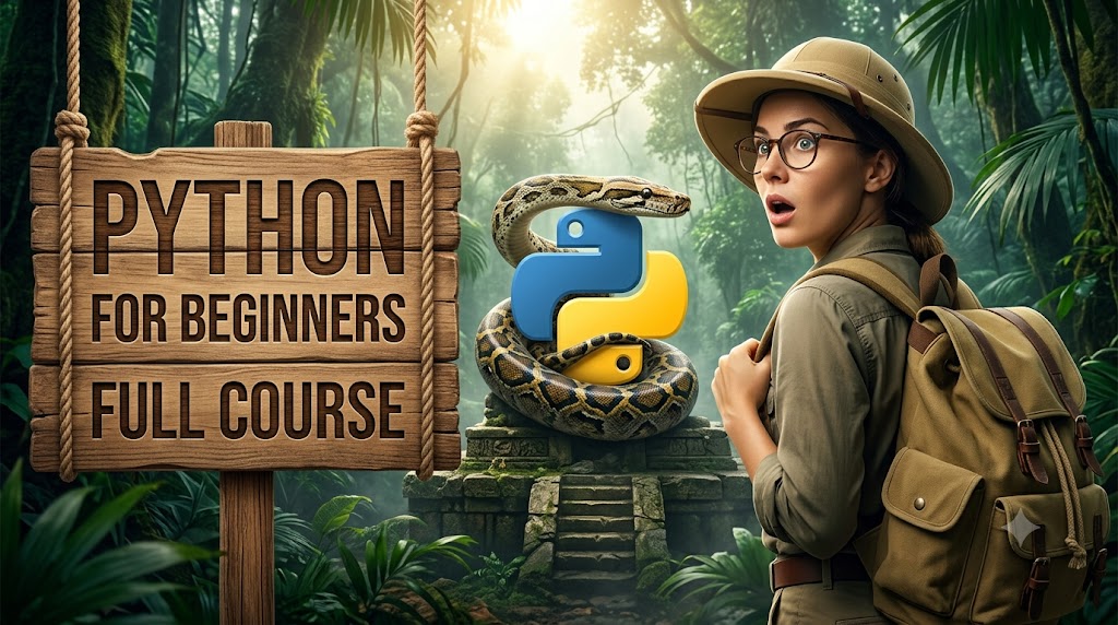 AI-generated example result for the youtube-thumbnail prompt: Python For Beginners Full Course Thumbnail – Jungle Explorer Design AI YouTube Thumbnail Prompt